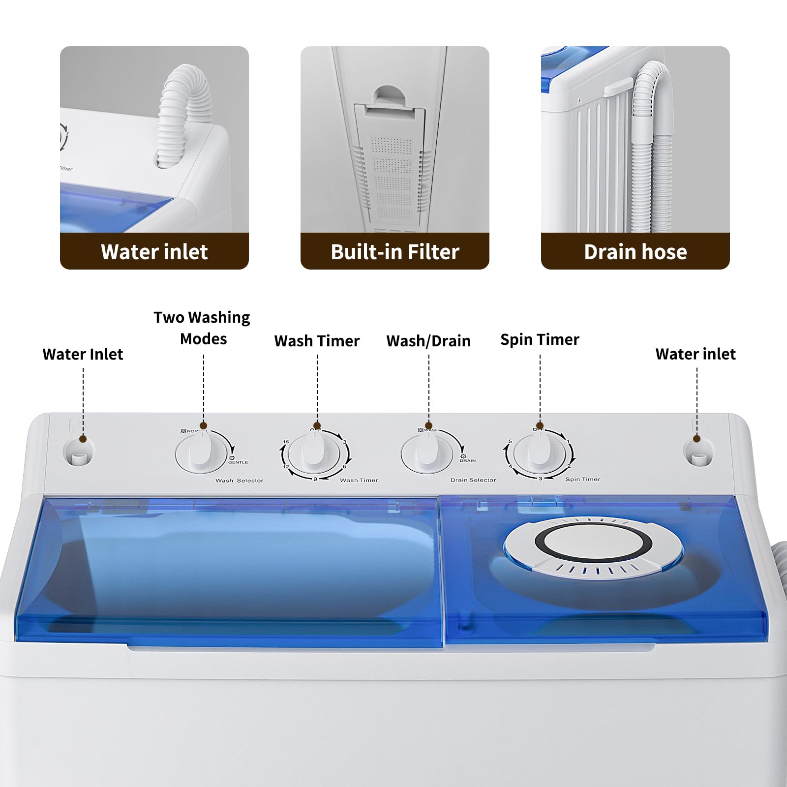 VCJ Portable Twin Tub Washing Machine - 40lbs Capacity Compact Laundry Washer & Spinner Combo (24Lbs Wash & 16Lbs Spin) for Apartments, RVs, Dorms - Perfect for Small Spaces & Travel Use