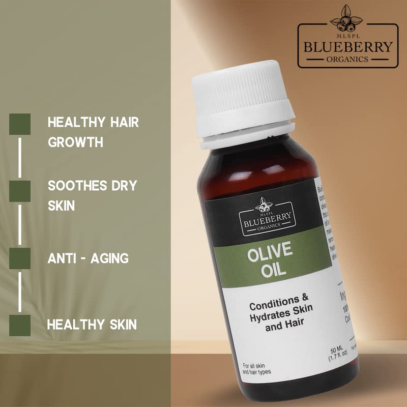 MLSPL BLUEBERRY ORGANICS Olive Oil - 100% Pure Cold Pressed Carrier Oil for Soap Making, Creams, Lotions & Hair Care | 50ml | Natural Moisturizer for Skin & DIY Beauty Products | Perfect for Aromatherapy, Massage & Homemade Cosmetics