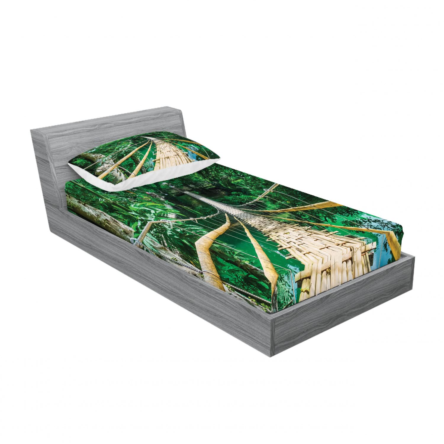 Ambesonne 2-Piece Tropical River Bridge Forest Twin Bedding Set - 2 Fitted Sheets & 2 Pillow Shams, Beige & Green Nature Theme for Bedroom Decor | Perfect for Guest Rooms, Vacation Homes & Tropical Themed Bedrooms