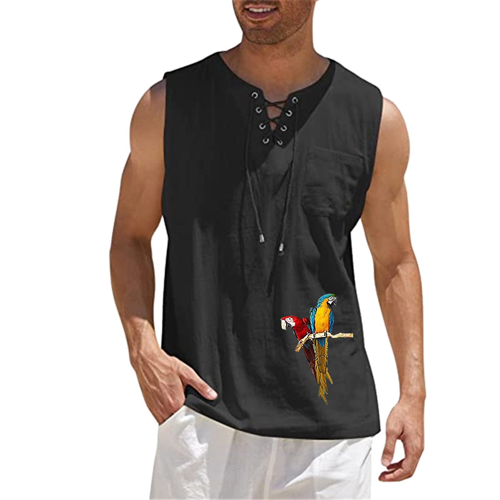 Men's Renaissance Pirate T-Shirt - Lace Up Sleeveless Vintage Shirt with Chest Pocket for Beach, Hippie Festival & Workout | Gothic Steampunk Costume & Cosplay Outfit