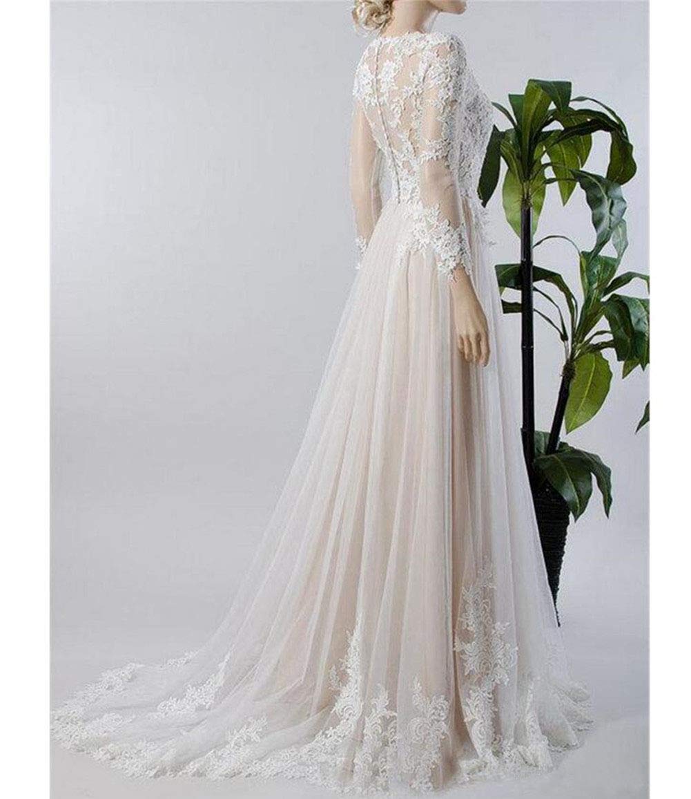Elegant A-Line Lace Tulle Wedding Dress with Button Back & Long Sleeves - Perfect for Bridal Ceremonies, Vow Renewals & Formal Events