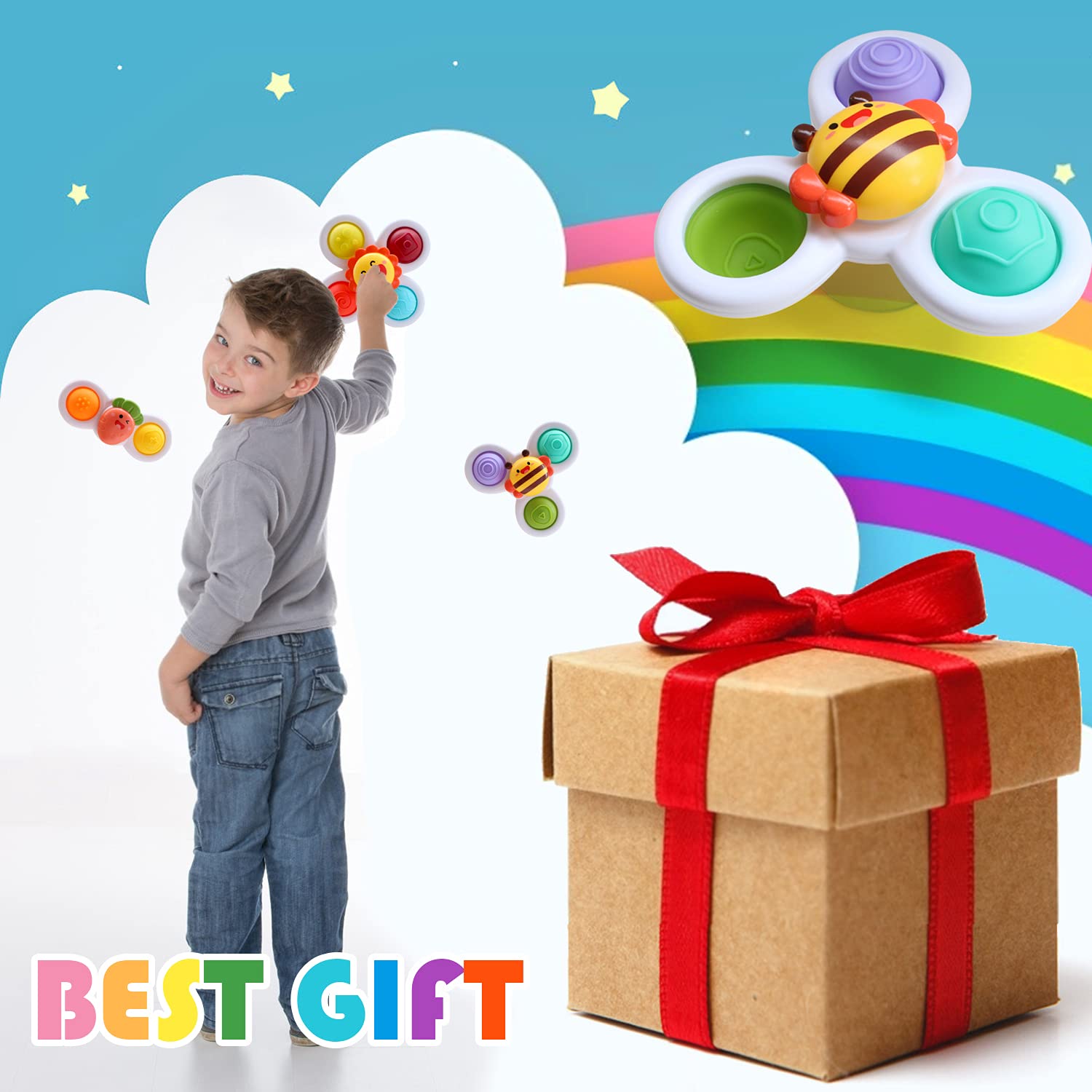 Baby Suction Cup Spinner Toy - 3pc Fidget Sensory Toy for Toddlers 1-3, Bath & Birthday Gift for Boys Girls