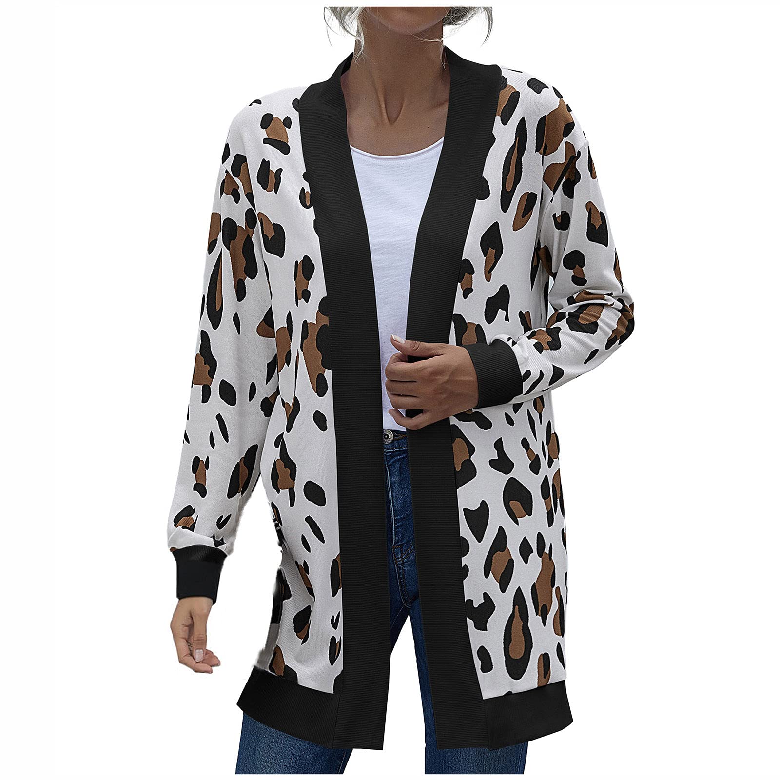 Women's Casual Long Sleeve Leopard Print Open Stitch Cardigan Sweater - Cozy Fall Winter Layering Top for Office, Date Night & Everyday Wear