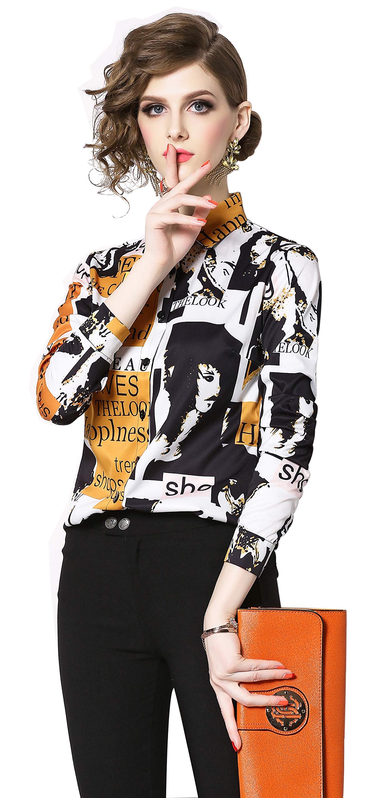 Women's Stylish Letter Print Long Sleeve Button-Up Blouse with Collar - Perfect for Office Wear, Casual Outfits & Everyday Fashion