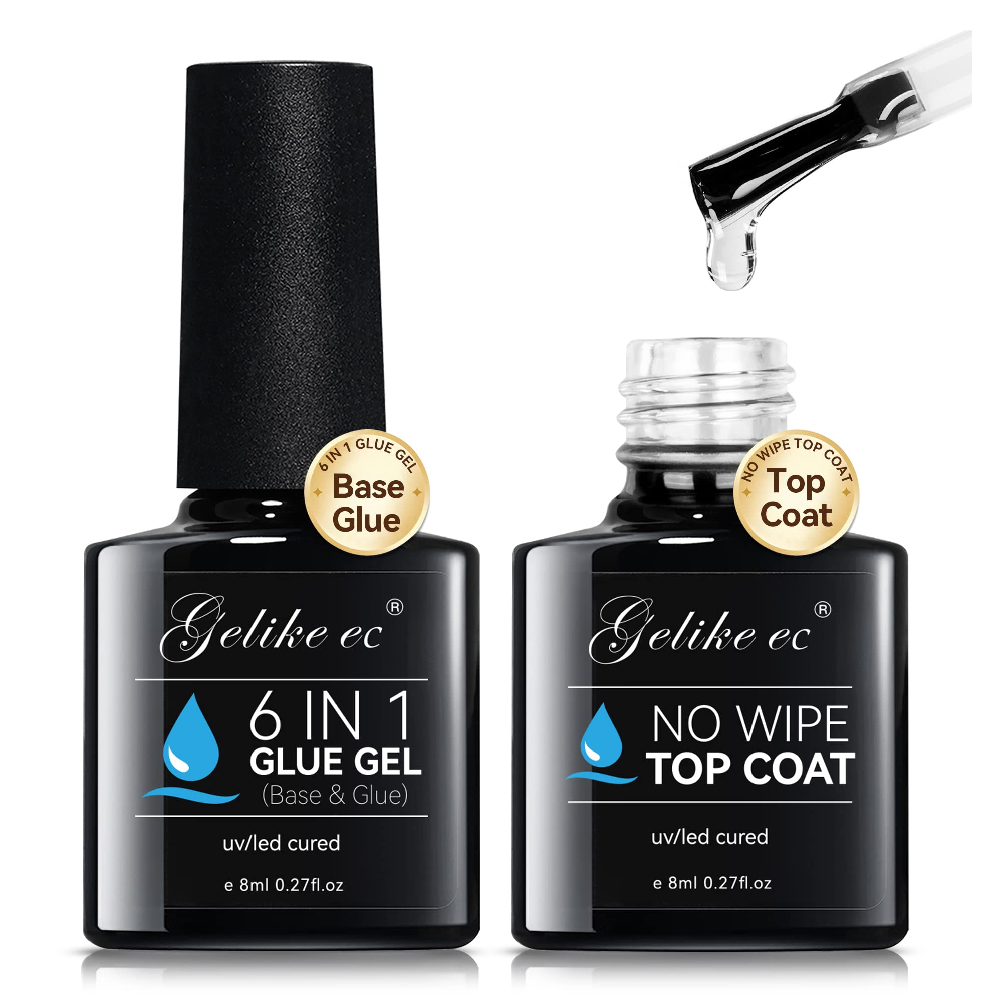 6-in-1 Nail Glue Base Gel & Top Coat Kit (2PCS) - No Wipe Super Shiny UV/LED Gel Polish for False Nail Tips - Long Lasting, Stain Resistant - Perfect for Salon, Home Manicures & Nail Extensions