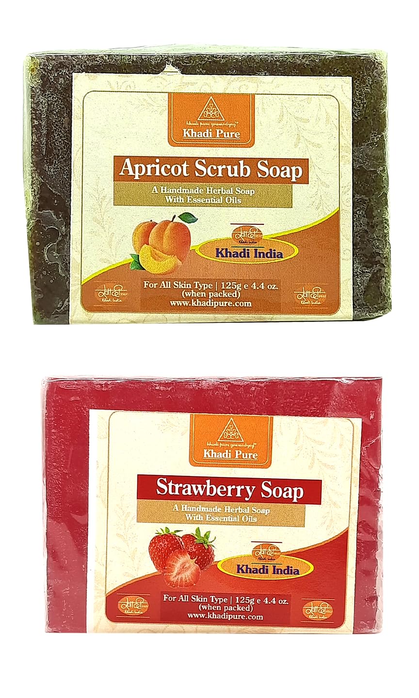 Khadi Pure Herbal Strawberry & Apricot Face & Body Scrub Soap - 125g (Pack of 2) - Natural Exfoliating Cleanser for Glowing Skin - Perfect for Daily Skincare Routine & Spa Treatments