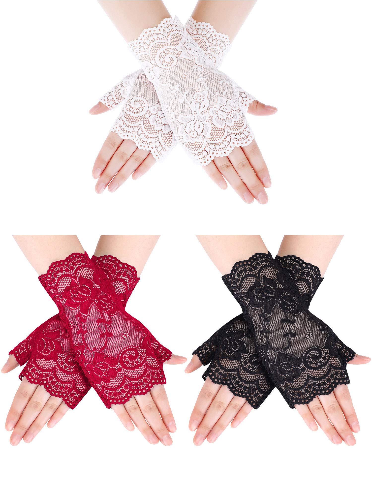 3 Pairs Women's Short Lace Gloves - Fingerless Floral Gloves for Bridal, Wedding & Vintage Fashion - Perfect for Tea Parties, Cosplay and Formal Events