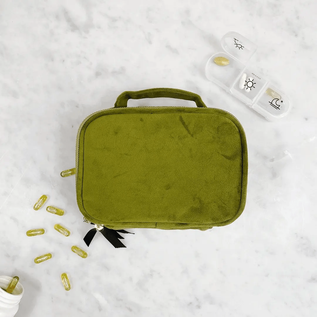 Green Velvet Weekly Pill Organizer with Handle - Portable Pill Box for Travel, Home & Daily Medication Management