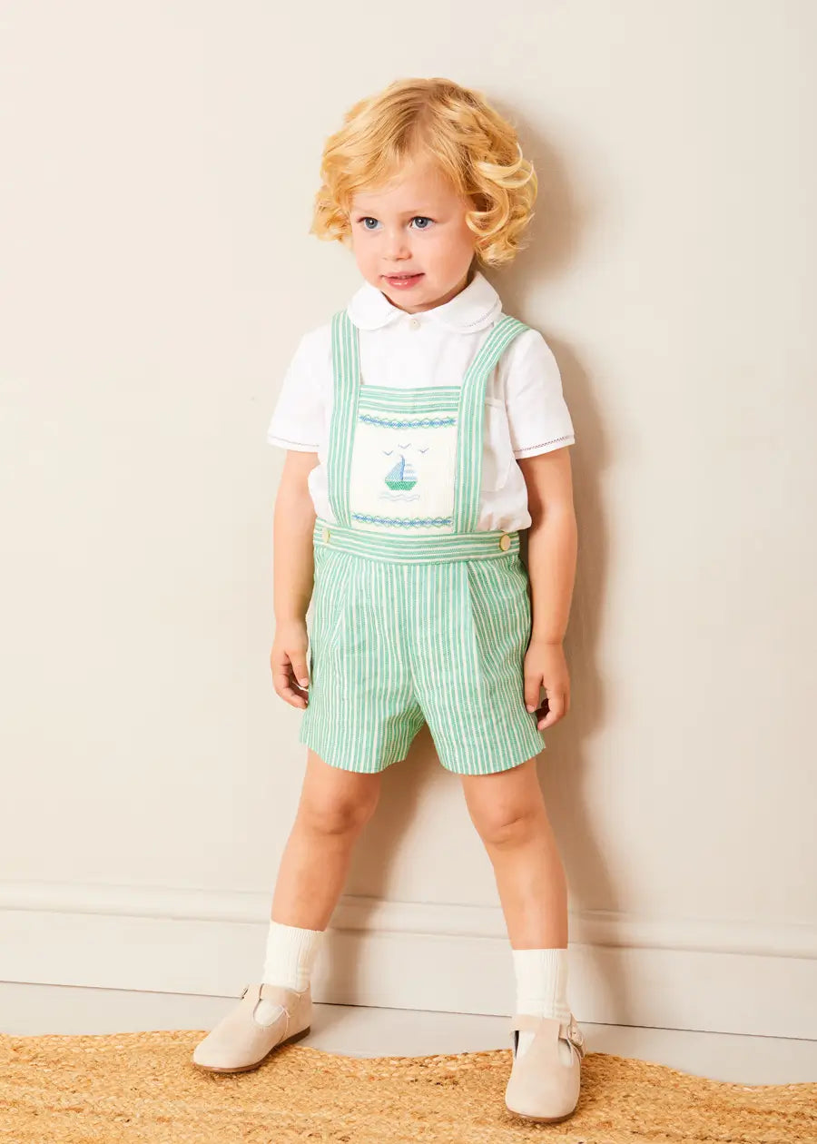 Cheyne Striped Boat Embroidery Dungarees for Toddlers - Green (18 Months to 4 Years) | Comfortable Kids Overalls for Playtime, Outdoor Adventures & Casual Wear