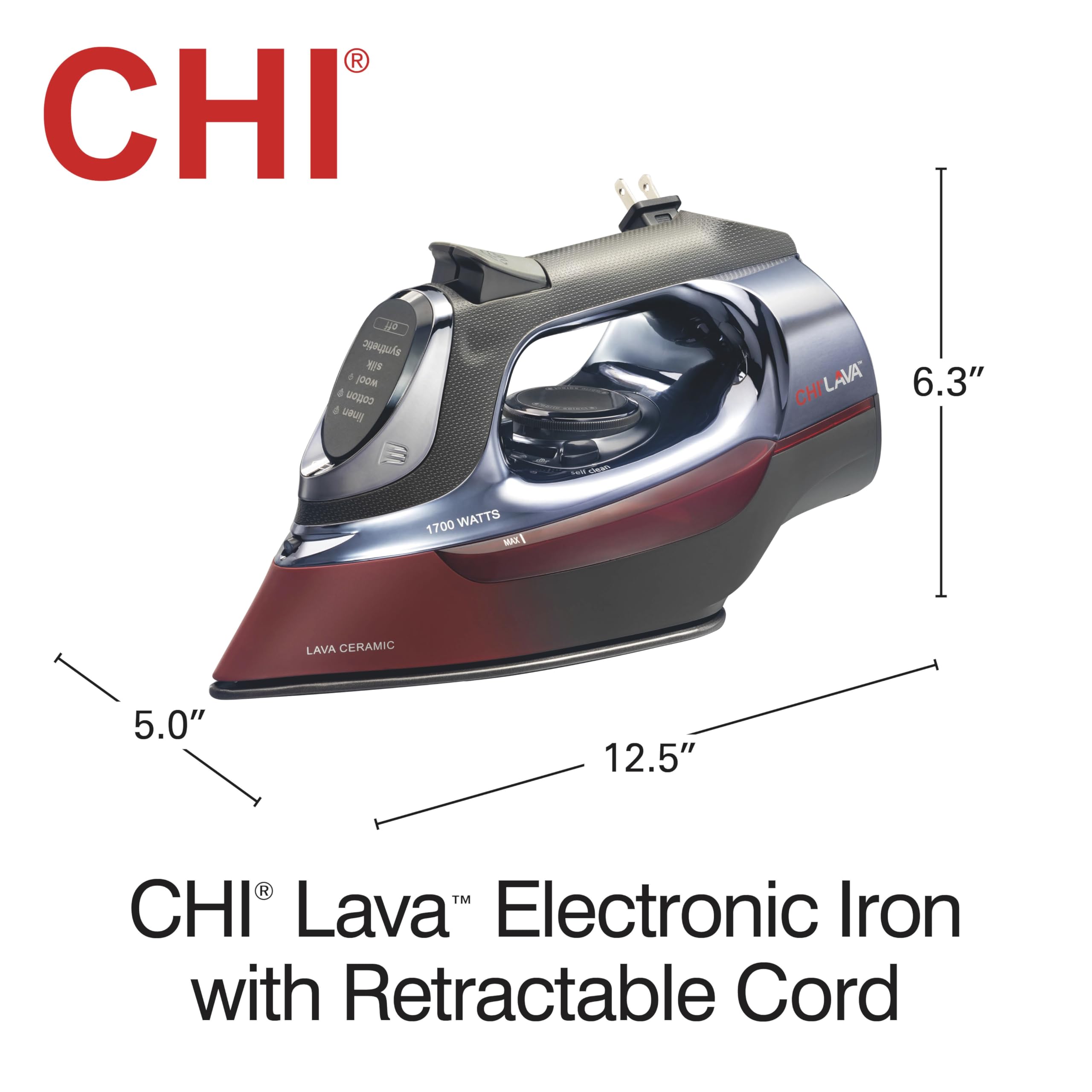 CHI Professional 1700W Steam Iron with Retractable Cord, 3-Way Auto Shutoff & 400+ Steam Holes - Lava Infused Ceramic Soleplate, Adjustable Temperature Control for Perfect Pressing - Ideal for Home, Office & Travel Use (Model 13113, Black)