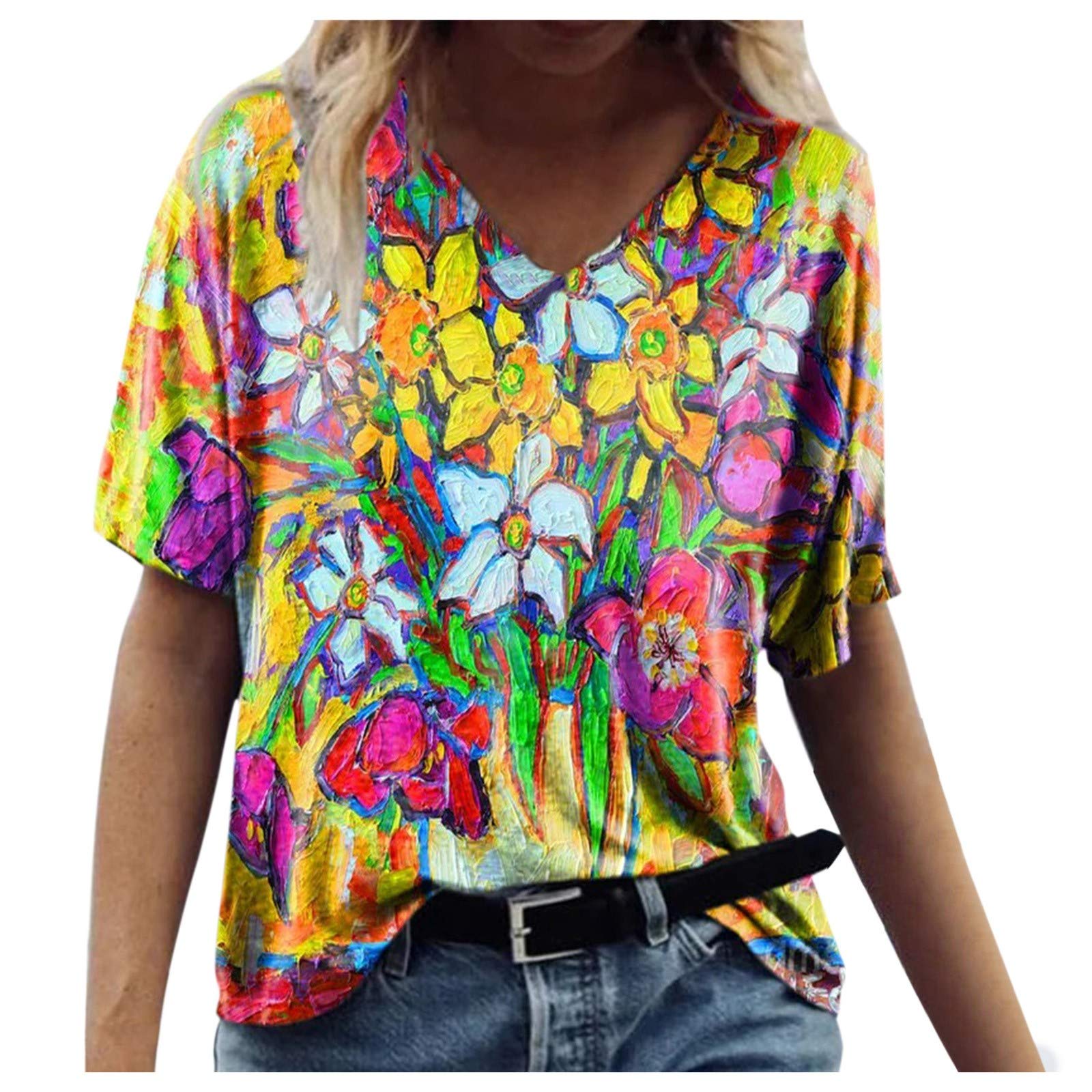 Women's Summer V-Neck Short Sleeve T-Shirt - Cute Printed Casual Blouse & Loose Fit Top for Everyday Wear, Beach Outings & Weekend Brunch