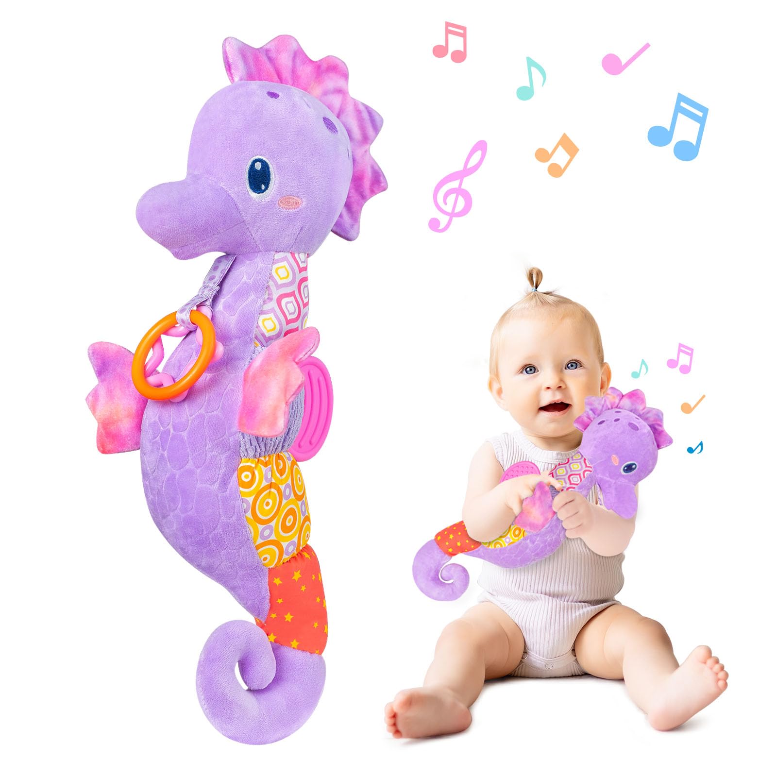 Fuzqq Musical Stuffed Animal Toy for Babies 0-12 Months - Soft, Crinkle & Rattle for Sensory Play