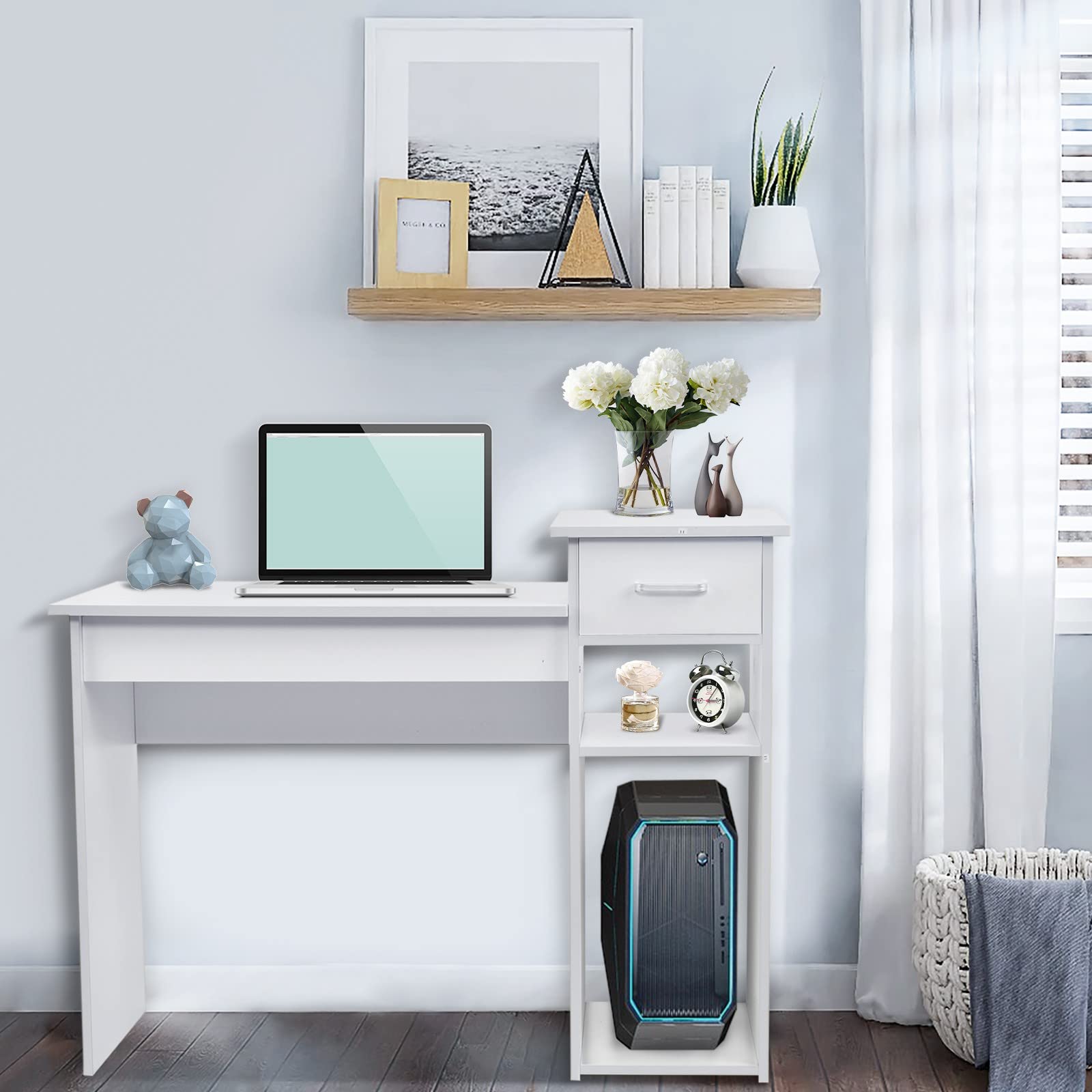 Wooden Computer Desk with Hutch & Drawers - Sturdy Office Desk for Studying, Writing & Workstation - Includes Computer Host Shelf - Perfect for Home Office & Small Spaces (White)