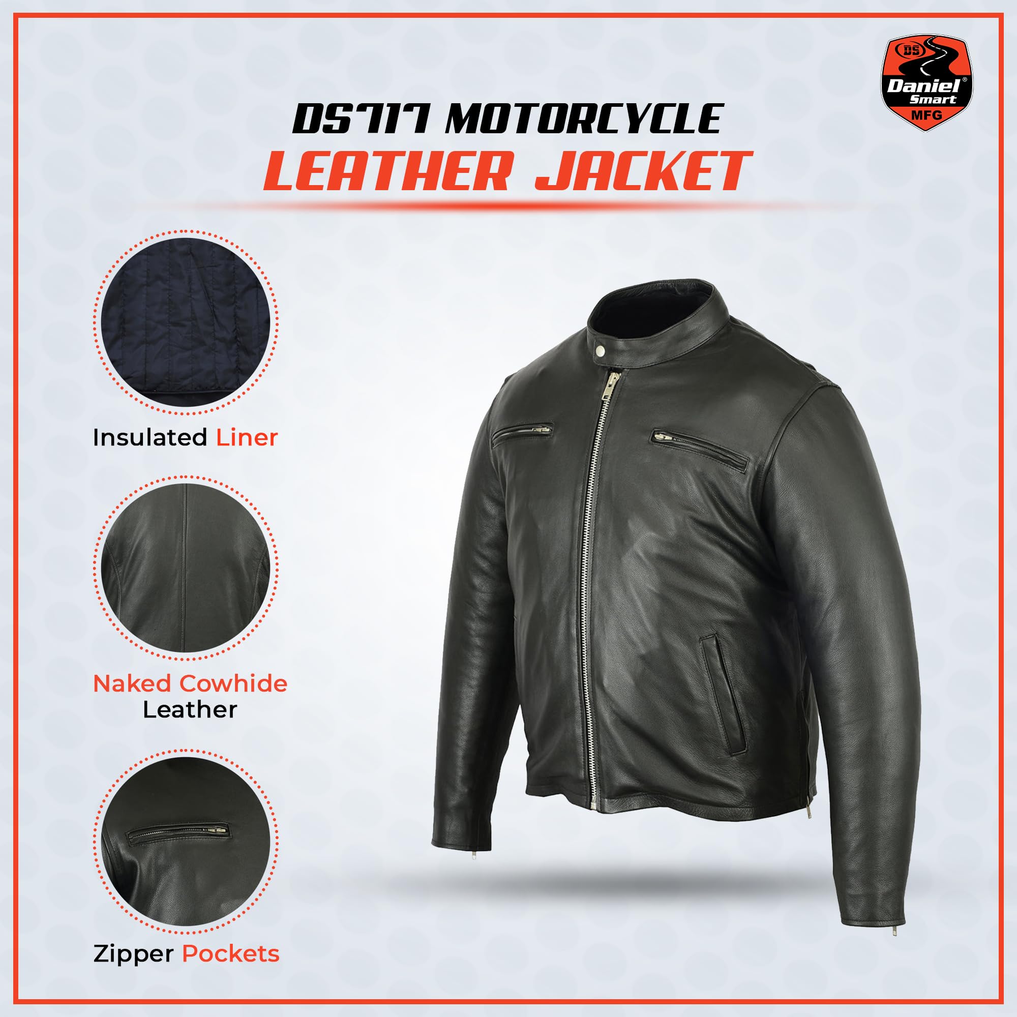Daniel Smart Men's Leather Motorcycle Jacket - Stylish Cruiser Biker Jacket with Concealed Armory Pockets for Riding & Outdoor Adventures