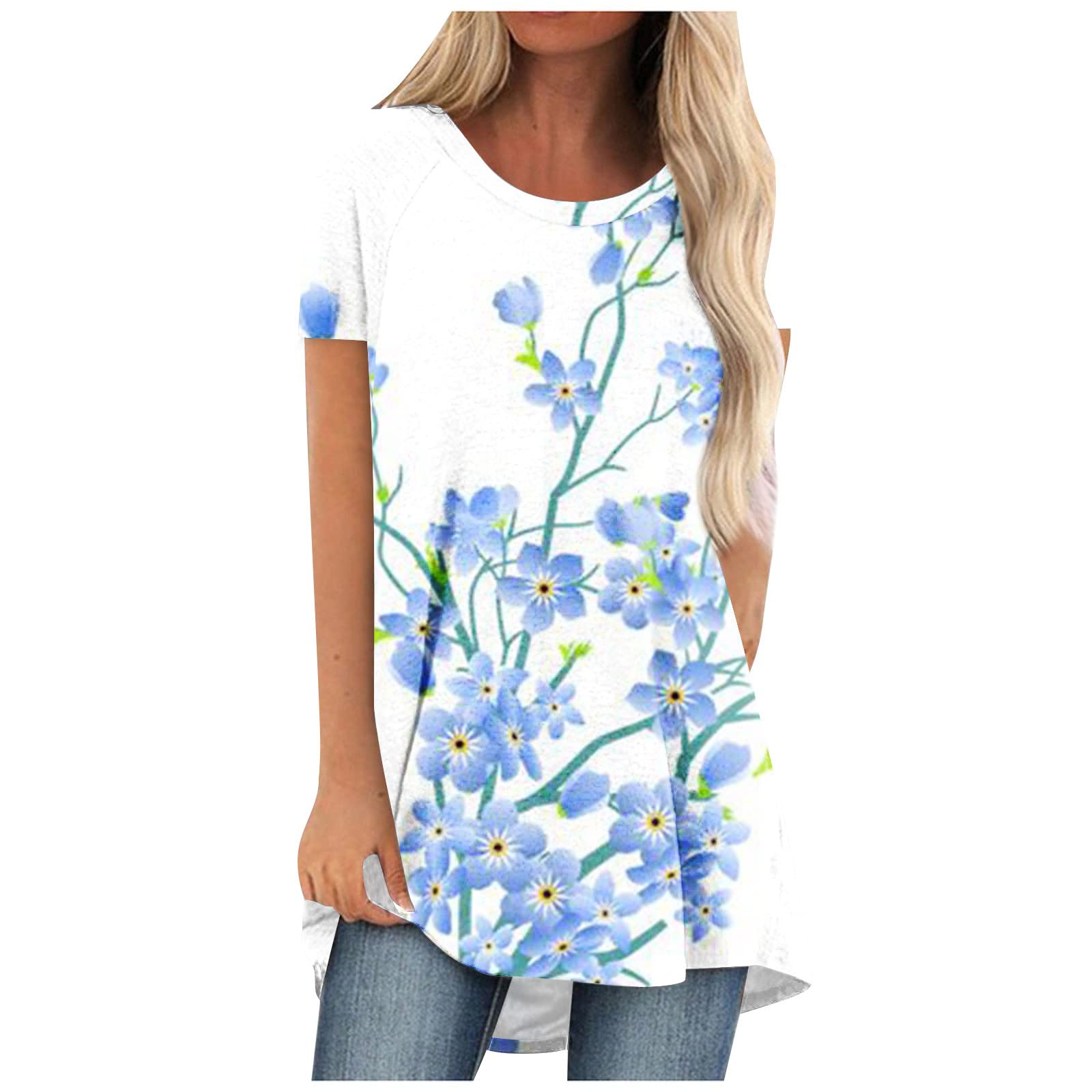 AZISEN Women's Summer Tops - Floral Print V-Neck Tunic Blouse, Lightweight Breathable Short Sleeve Shirt for Casual, Workout & Holiday Outings | Oversized Comfort Fit for Beach, Office & Travel Wear