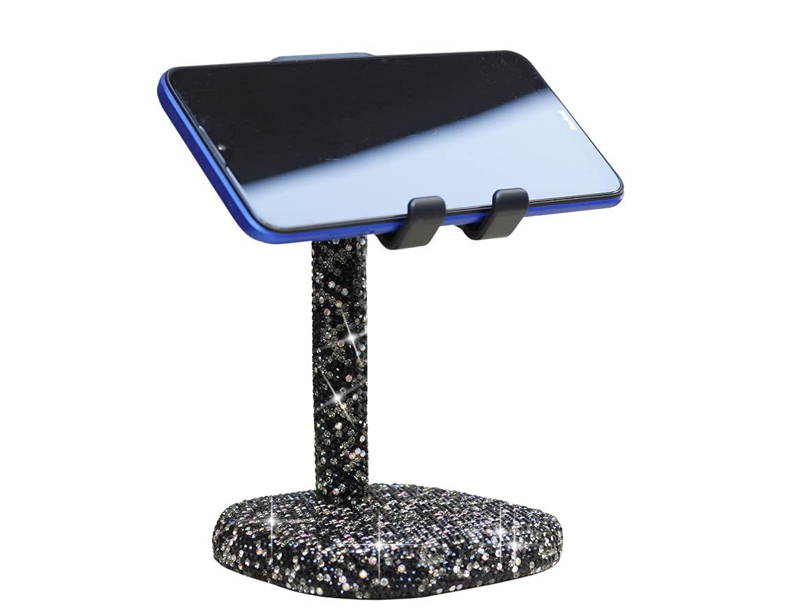 Bling Rhinestone Crystal Phone Stand - Adjustable Cell Phone Holder for Desk & Desktop - Compatible with iPhone X/11/Pro/Max & Samsung Smartphones - Perfect for Home, Office & Travel (Black)