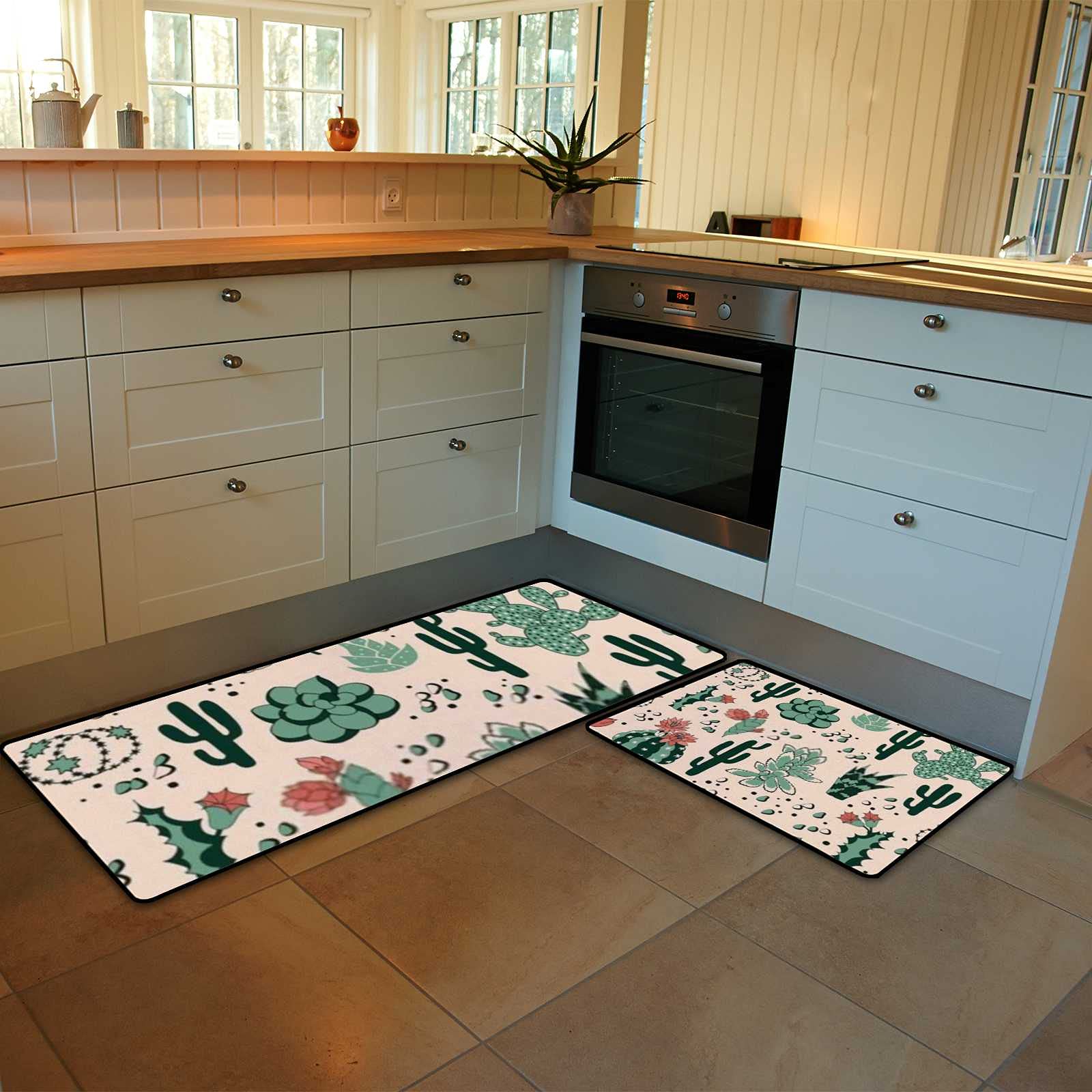 2-Piece Anti-Fatigue Kitchen Rugs Set - Non-Slip Washable Floor Mats with Succulent Flower Design for Comfortable Standing in Home & Kitchen - Perfect for Cooking, Dishwashing & High-Traffic Areas
