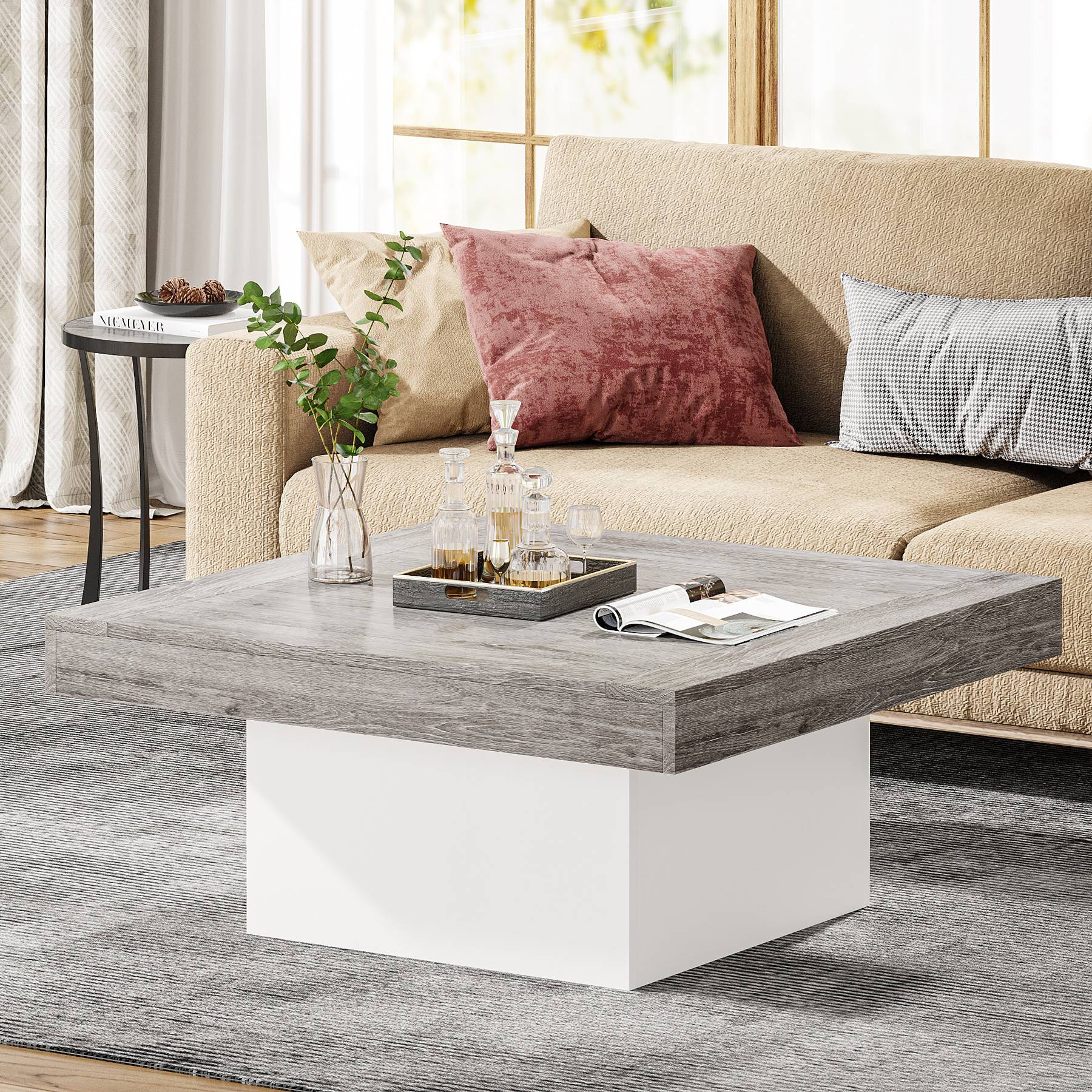 Modern Square Coffee Table with LED Lights - Rustic Farmhouse Wood Cocktail Table for Living Room, Lounge & Home Decor