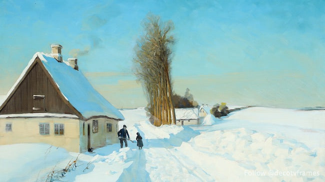 Beautiful Winter Day with Snow Shoveling - Dansk Winter Scene for Home Decor & Cozy Ambiance