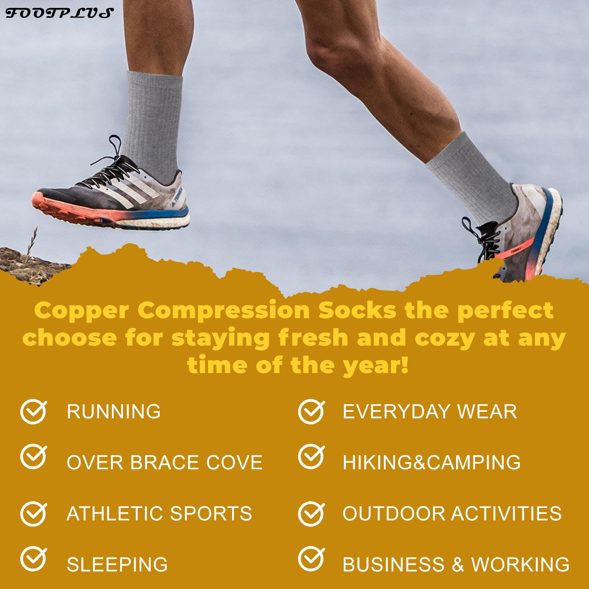 FOOTPLUS Copper Compression Socks for Hiking & Running - Unisex Arch Support Athletic Crew Socks with Cushioned Sole - Perfect for Outdoor Activities, Sports Recovery & Travel Comfort