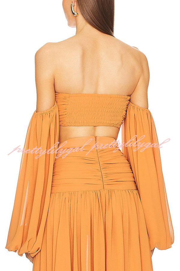 Vacation Chic Off Shoulder Balloon Sleeve Back Smocked Crop Top - Stylish Summer Beachwear for Women, Perfect for Pool Parties, Vacations & Date Nights