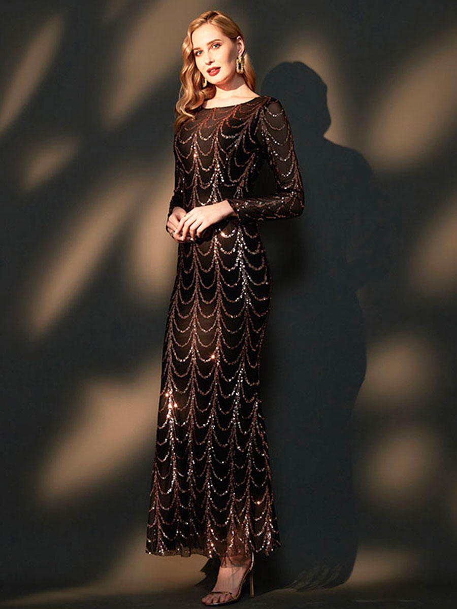 Elegant Black Sequin Long Sleeve Boat Neck Mermaid Evening Gown - Floor Length Formal Dress for Prom, Wedding, Gala & Special Occasions