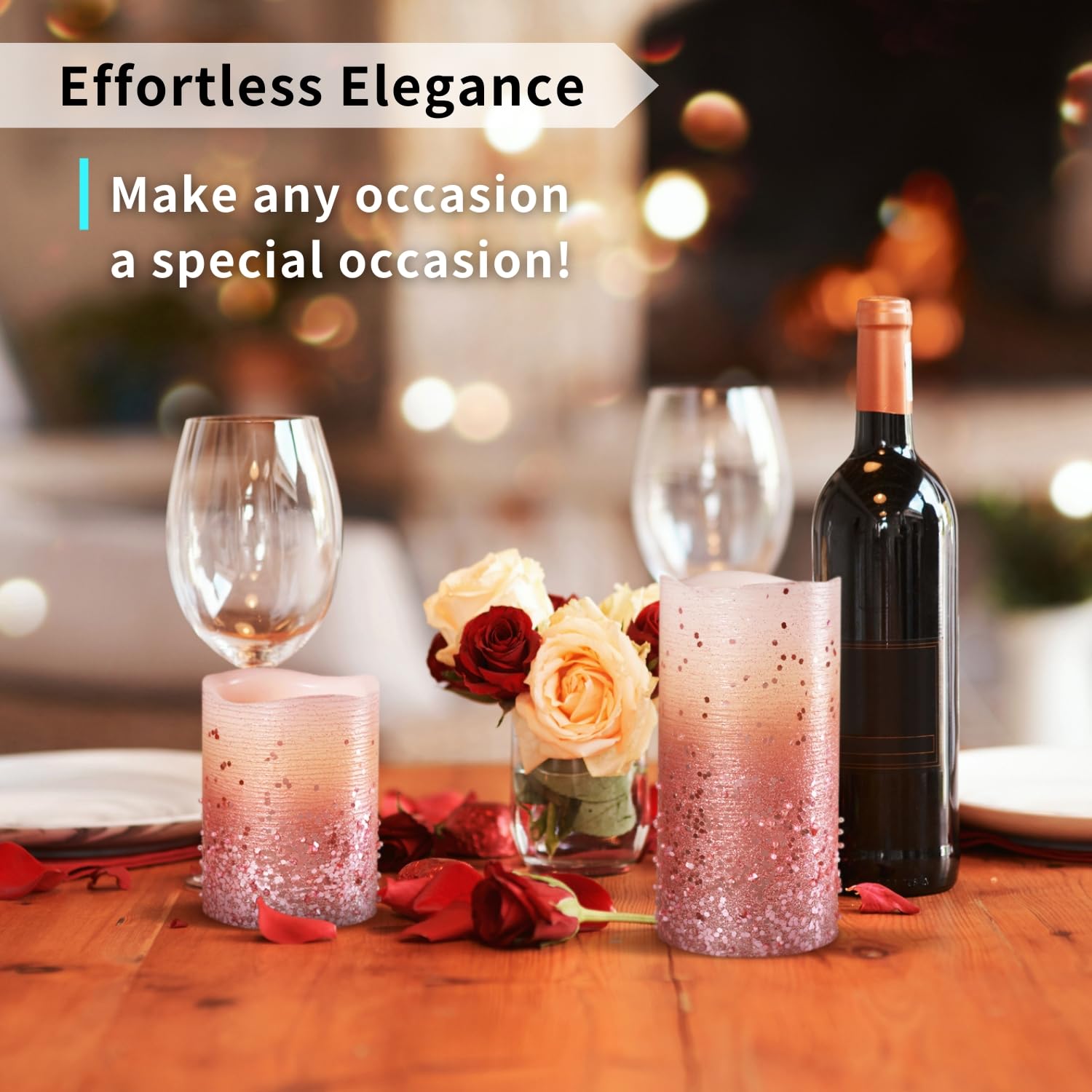 FURORA LIGHTING Pink Glitter LED Candles with Remote & Timer - 4 Pillar & 4 Votive Flameless Candles Set of 8, Real Wax Battery-Operated Flickering Candles for Home Decor, Wedding, Party & Holiday Lighting