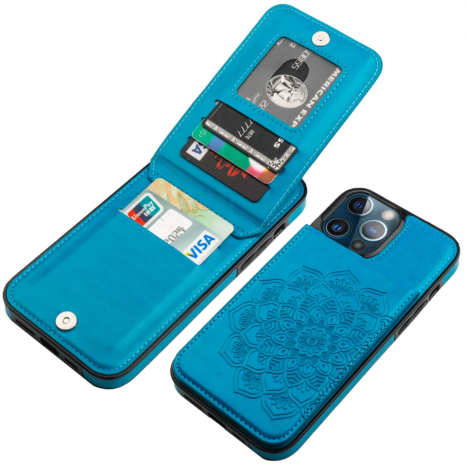 Premium PU Leather iPhone 13 Pro Max Wallet Case with Kickstand & Magnetic Closure - Shockproof Flip Cover with Credit Card Slots & Embossed Mandala Floral Design (6.7