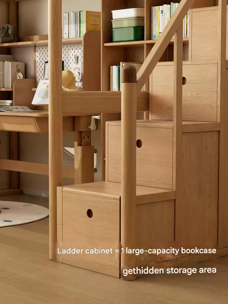 Solid Oak Wood Loft Bed with Storage Cabinet - Space-Saving Furniture for Small Rooms, Kids Bedroom & Dormitory