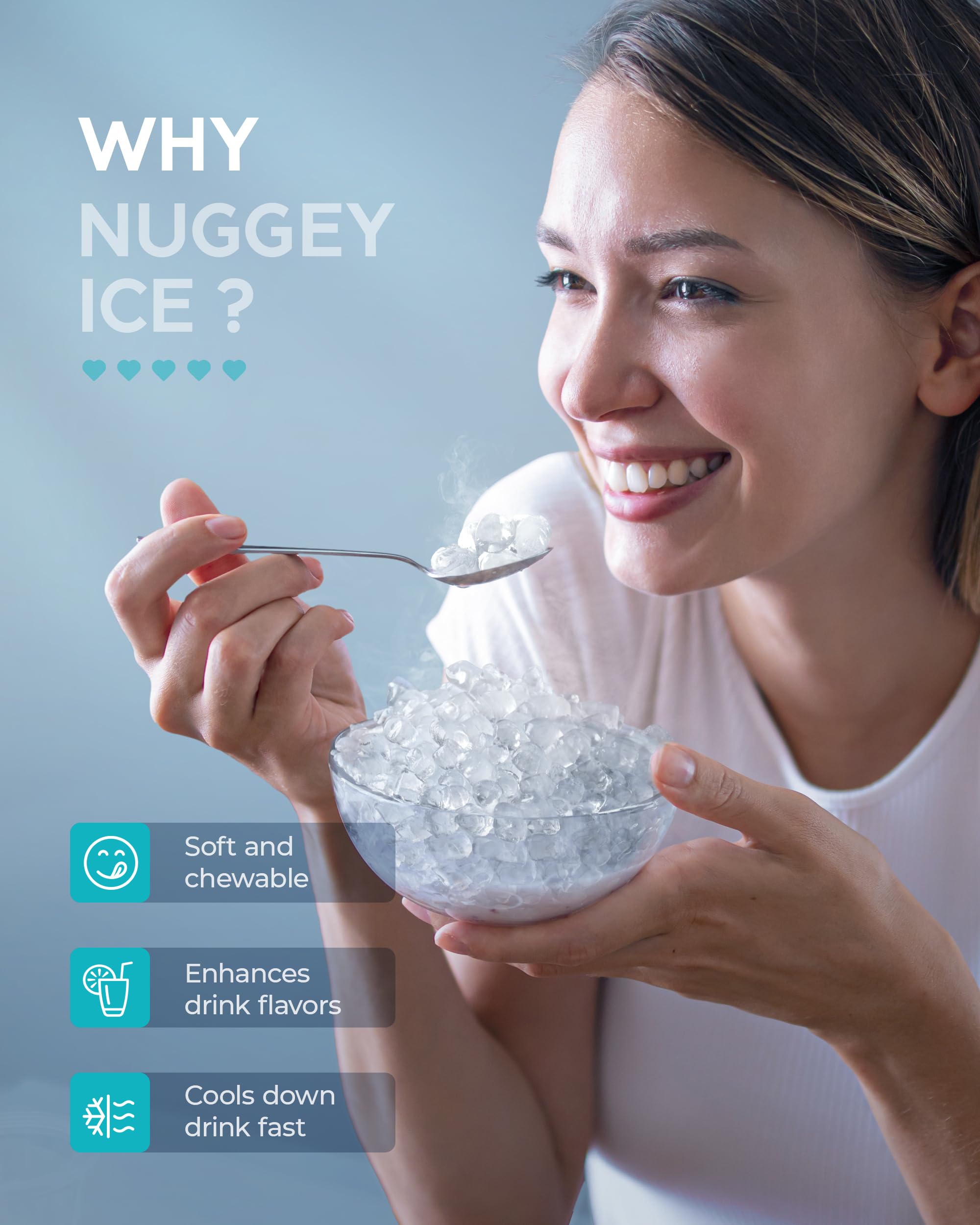 EUHOMY 66Lbs/Day Commercial Under Counter Nugget Ice Maker Machine - Built-in Freestanding with Gravity Drainage, Self-Cleaning & 24H Timer - Perfect for Restaurants, Bars, Home Kitchens & Offices (Silver)