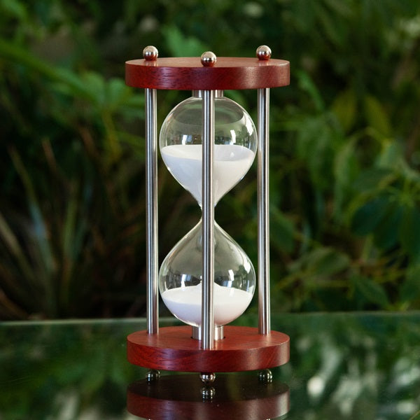 Premium Solid Padauk 60-Minute Hourglass with Metal Spindles - White or Black Sand Timer for Home Office Decor, Meditation, Yoga & Kitchen Use