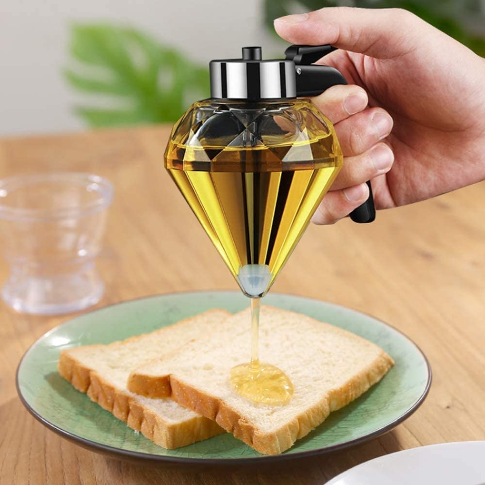 Premium Glass Honey Dispenser with Stand - Diamond Shape, 284ml Large Capacity - Elegant Syrup Jar for Home Kitchen, Coffee & Tea Accessories, Gift Idea