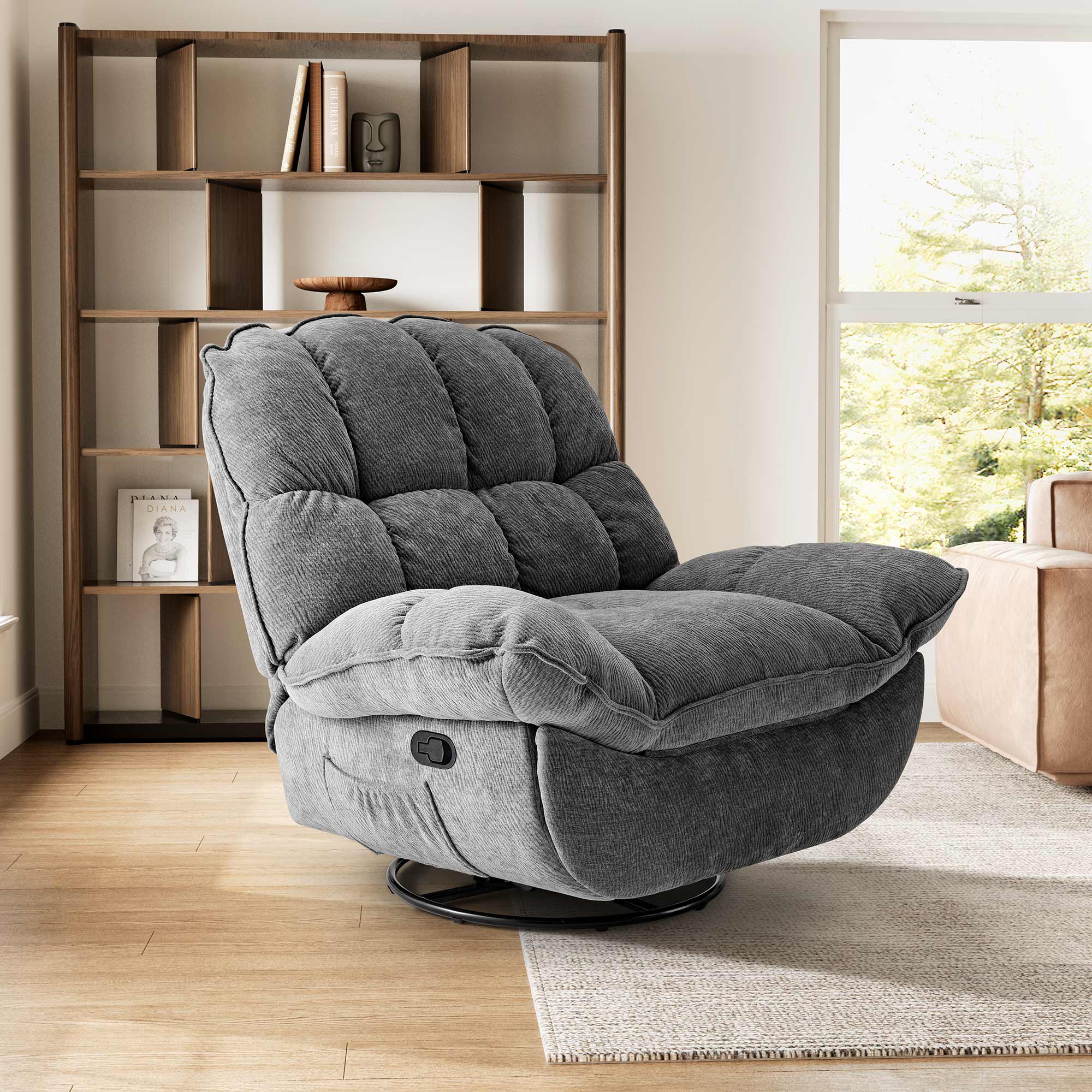 Grayson Manual Recliner Chair with Storage - Swivel Rocking Living Room Chair for Relaxing, Reading & Napping - Comfortable PU Leather Reclining Sofa for Home, Office & Lounge