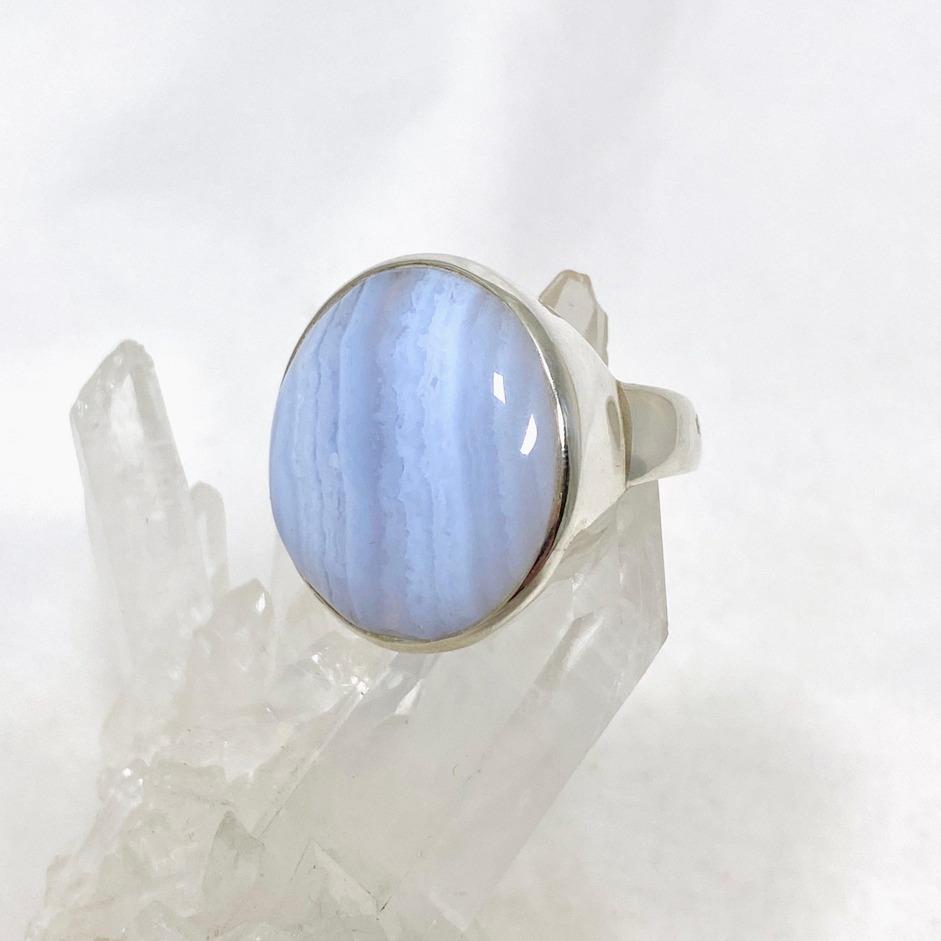 Blue Lace Agate Sterling Silver Round Ring Size 10.5 - Elegant Boho Jewelry for Women, Perfect for Weddings, Parties & Everyday Wear
