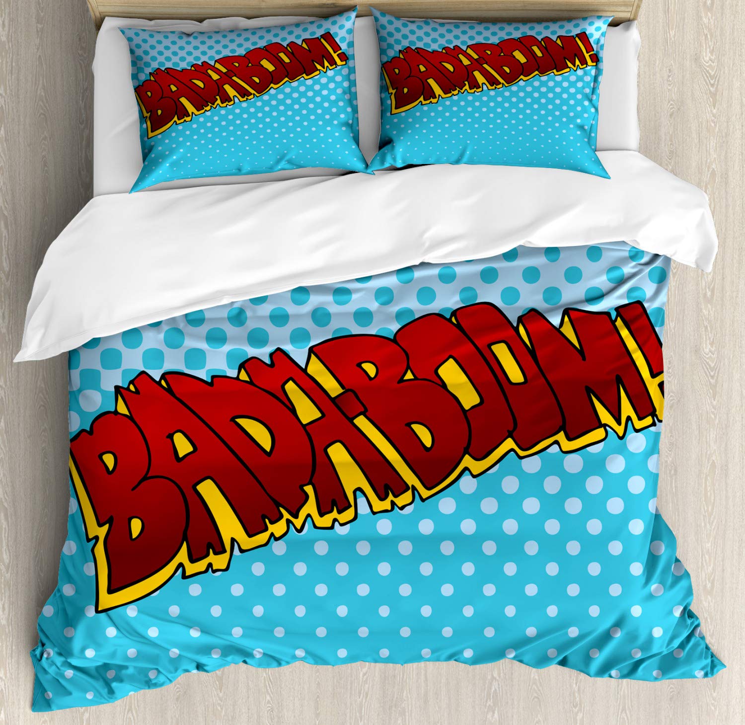 Ambesonne Art Blue Duvet Cover Set - Comic Book Style Bada-Boom Sound Effect Design on Dotted Backdrop, 3-Piece Queen Size Bedding Set with 2 Pillow Shams in Red Earth Yellow | Perfect for Superhero Themed Bedrooms, Kids Rooms & Comic Book Lovers