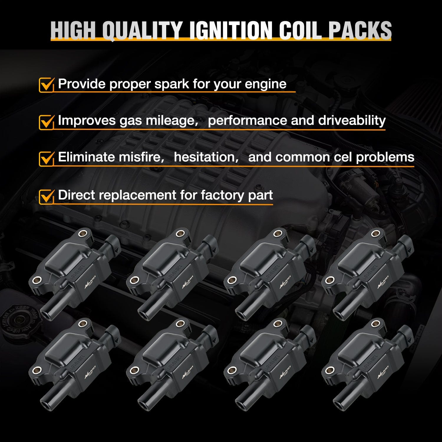 8pcs Ignition Coil Pack UF413 Compatible with Chevy Silverado 1500 2500 HD Tahoe Suburban Avalanche Express Corvette Camaro Impala GMC Yukon Cadillac Escalade Pontiac 5.3L 6.0L V8 Engine - Improve Engine Performance & Fuel Efficiency for Smooth Driving