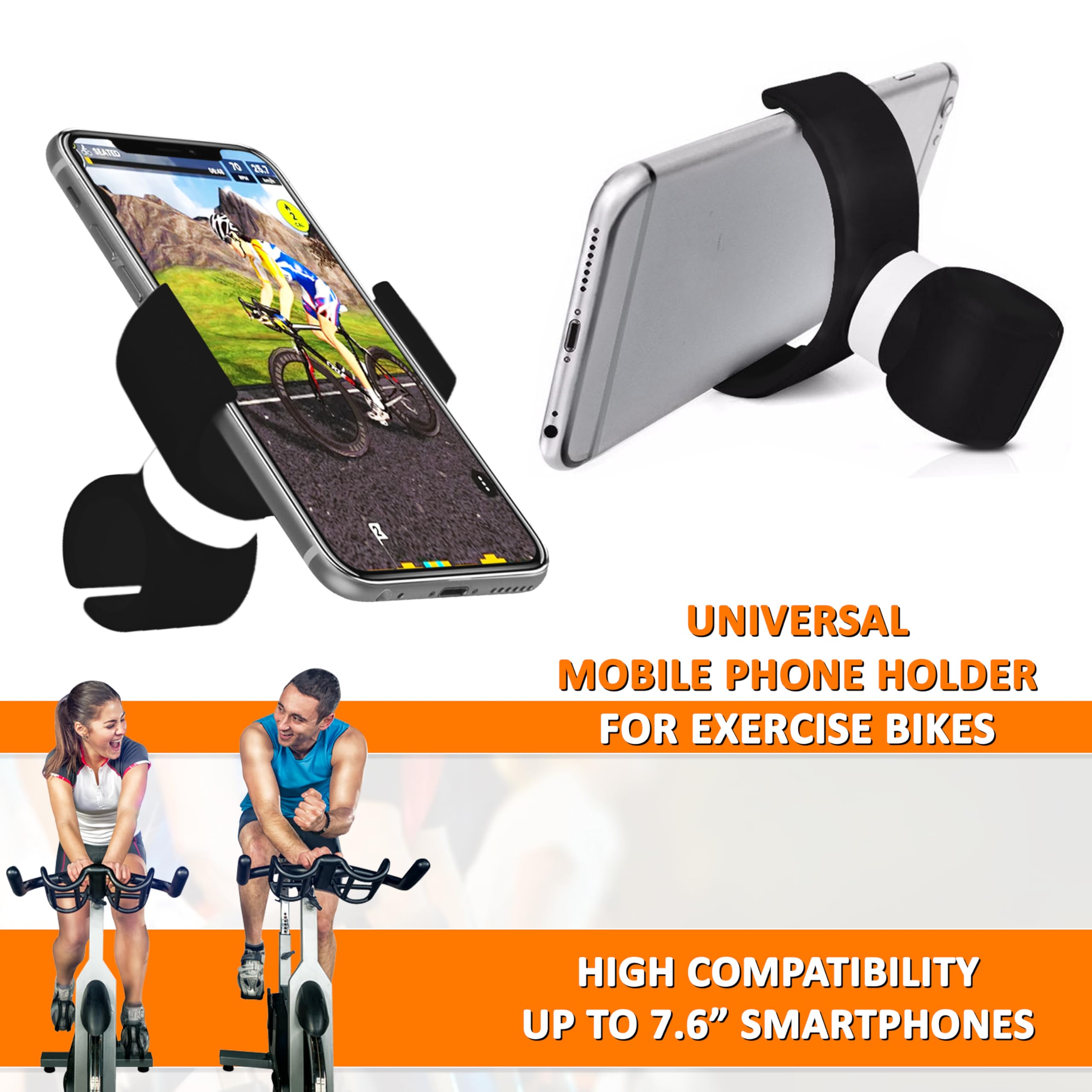 Universal Bike Phone Holder - Adjustable Mount for Smartphones up to 7.6 Inches, Compatible with Bicycles, Home Trainers, Treadmills & Elliptical Machines (Black) - Perfect for Cycling, Gym Workouts & Indoor Training