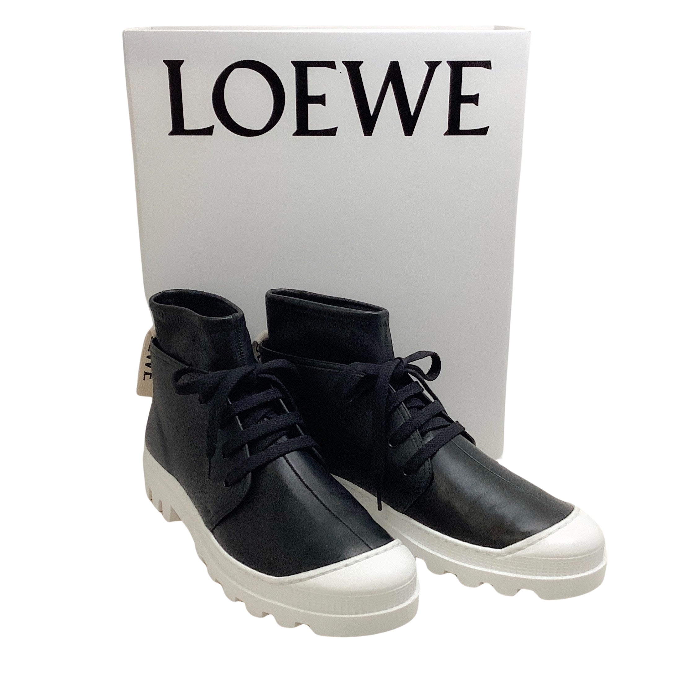 Loewe Black Leather Combat Sneaker Booties for Women - Stylish Chunky Sole Ankle Boots for Casual Wear & Street Fashion