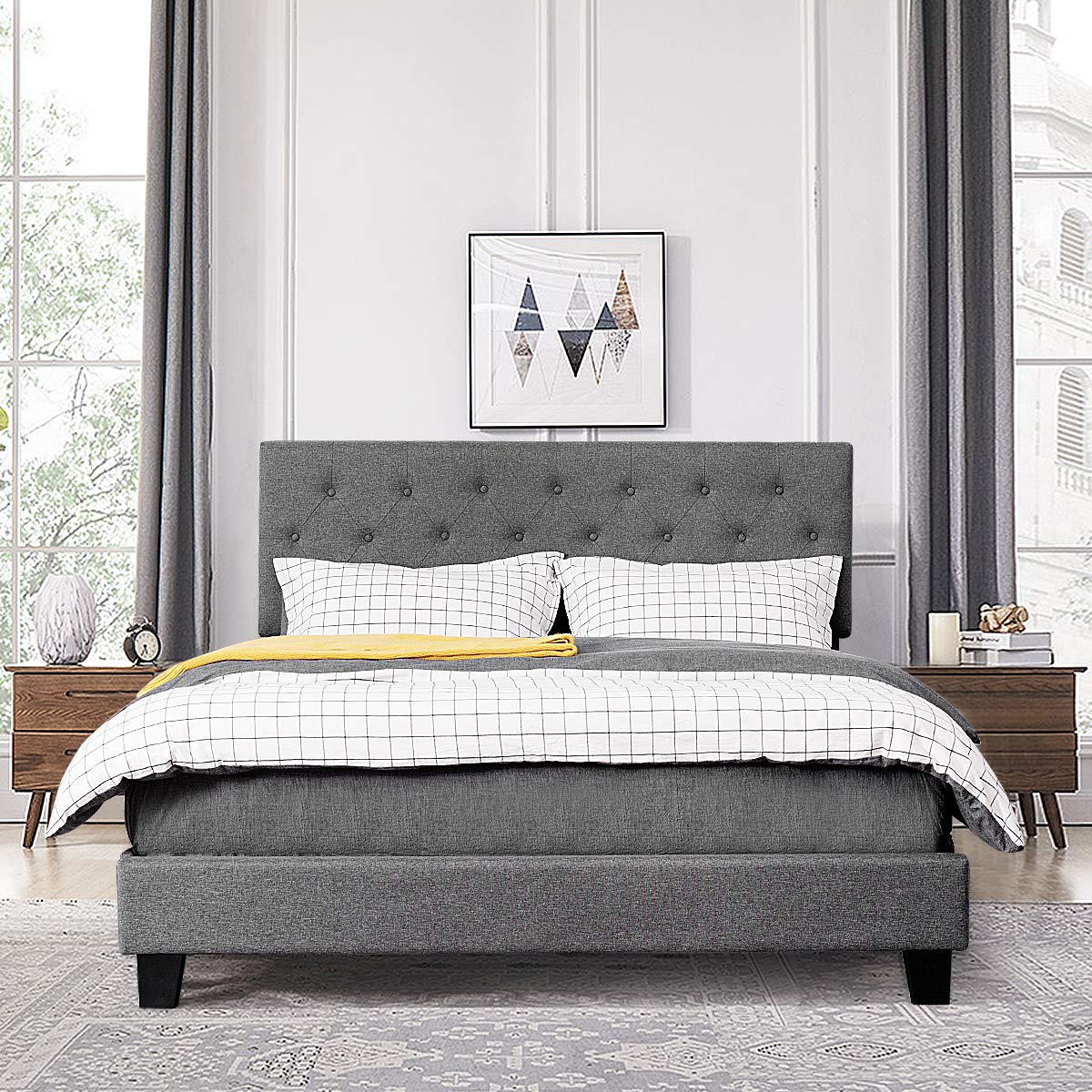 Giantex Queen Size Shalini Upholstered Platform Bed with Diamond Stitched Linen Headboard - Sturdy Metal Frame & 12 Wooden Slats Support - Easy Assembly Mattress Foundation for Modern Bedroom (Perfect for Guest Rooms, Master Bedrooms & Small Spaces)