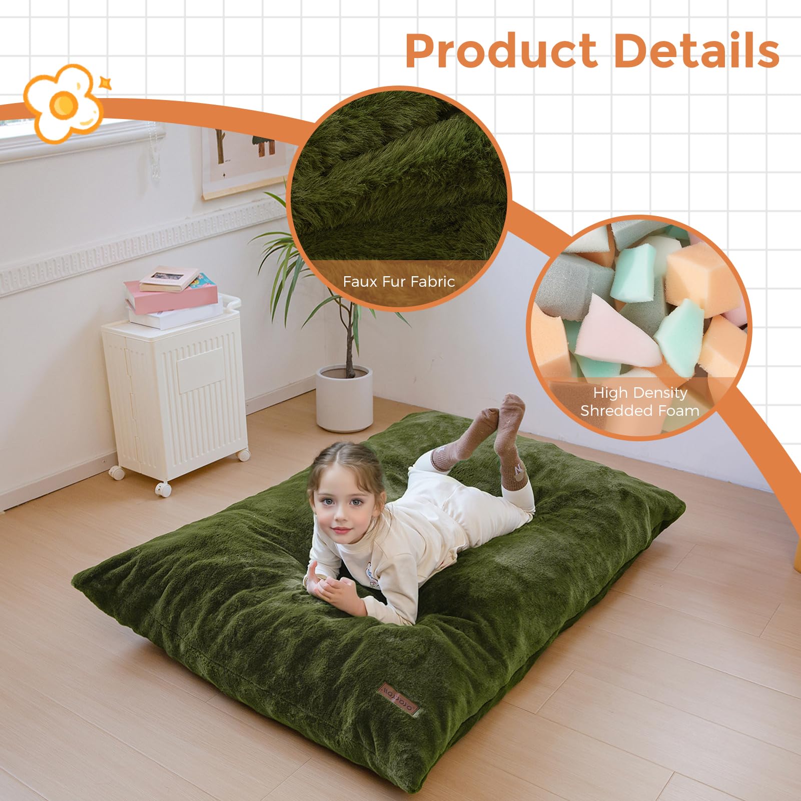 MAXYOYO 3-in-1 Kids Bean Bag Chair Bed - Soft Faux Fur Floor Sofa for Children, Gaming, Reading & Relaxing | Green Convertible Lounger for Bedroom, Playroom & Dorm