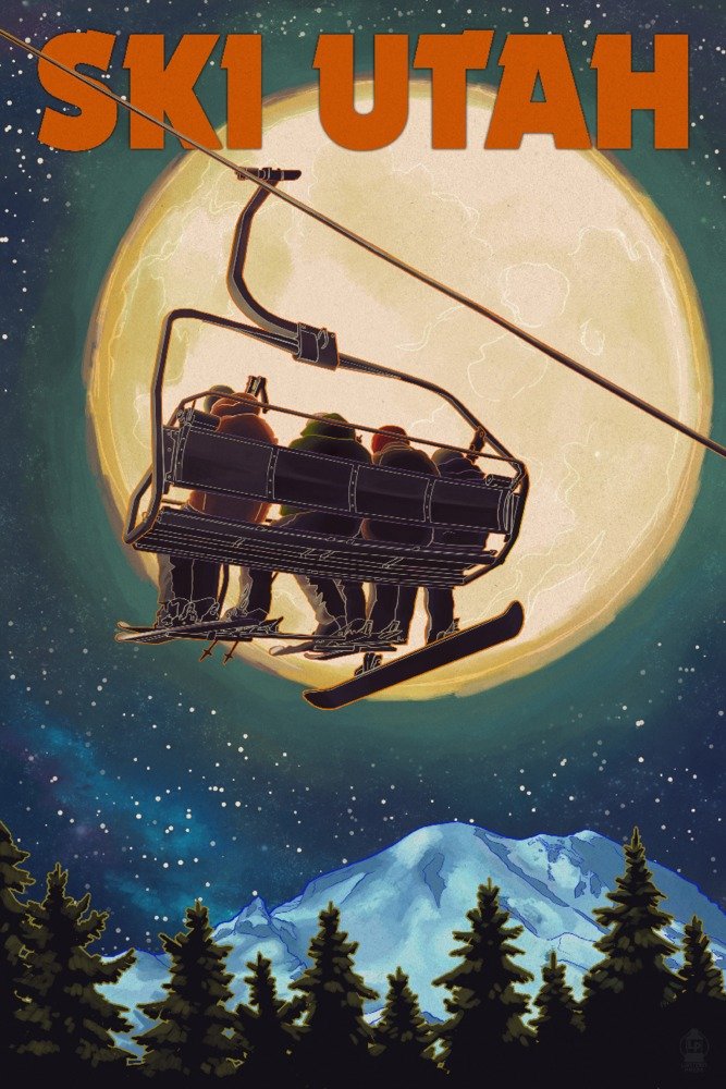 Utah Ski Lift & Full Moon Travel Poster - 36x54 Giclee Gallery Print for Wall Decor | Perfect for Ski Lodge, Mountain Cabin & Adventure Themed Rooms
