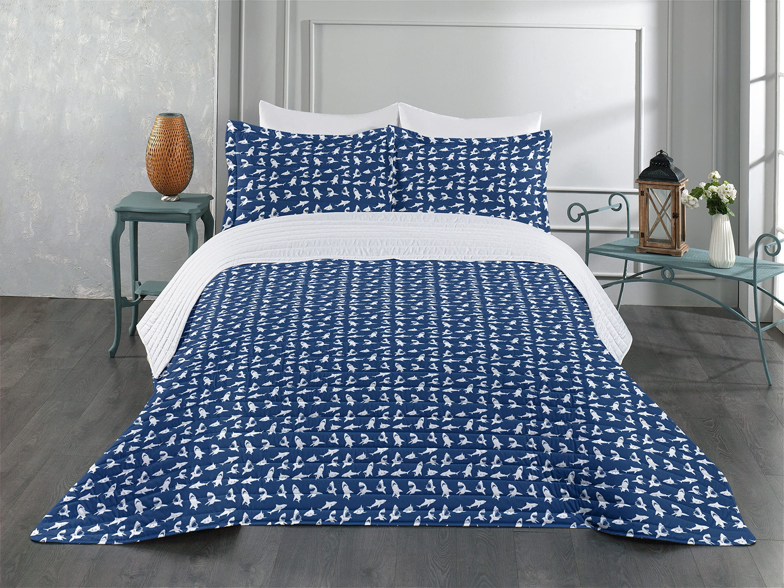 Ambesonne Shark Microfiber Bedspread Set - Queen Size Nautical Themed Bedding with Fish Pattern & Humorous Bite Design in Violet Blue White | Soft Comforter & Pillow Shams for Coastal, Kids Room or Shark Lover Decor