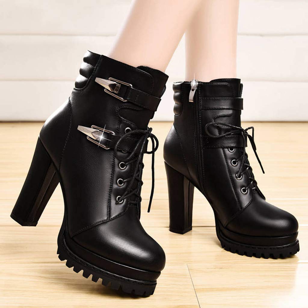 **Women's Black Ankle Boots Size 42 - Motorcycle Style with Thick Sole & Cross Strap Heel - Casual Short Boots for Girls & Women - Perfect for Riding, Streetwear & Everyday Fashion**