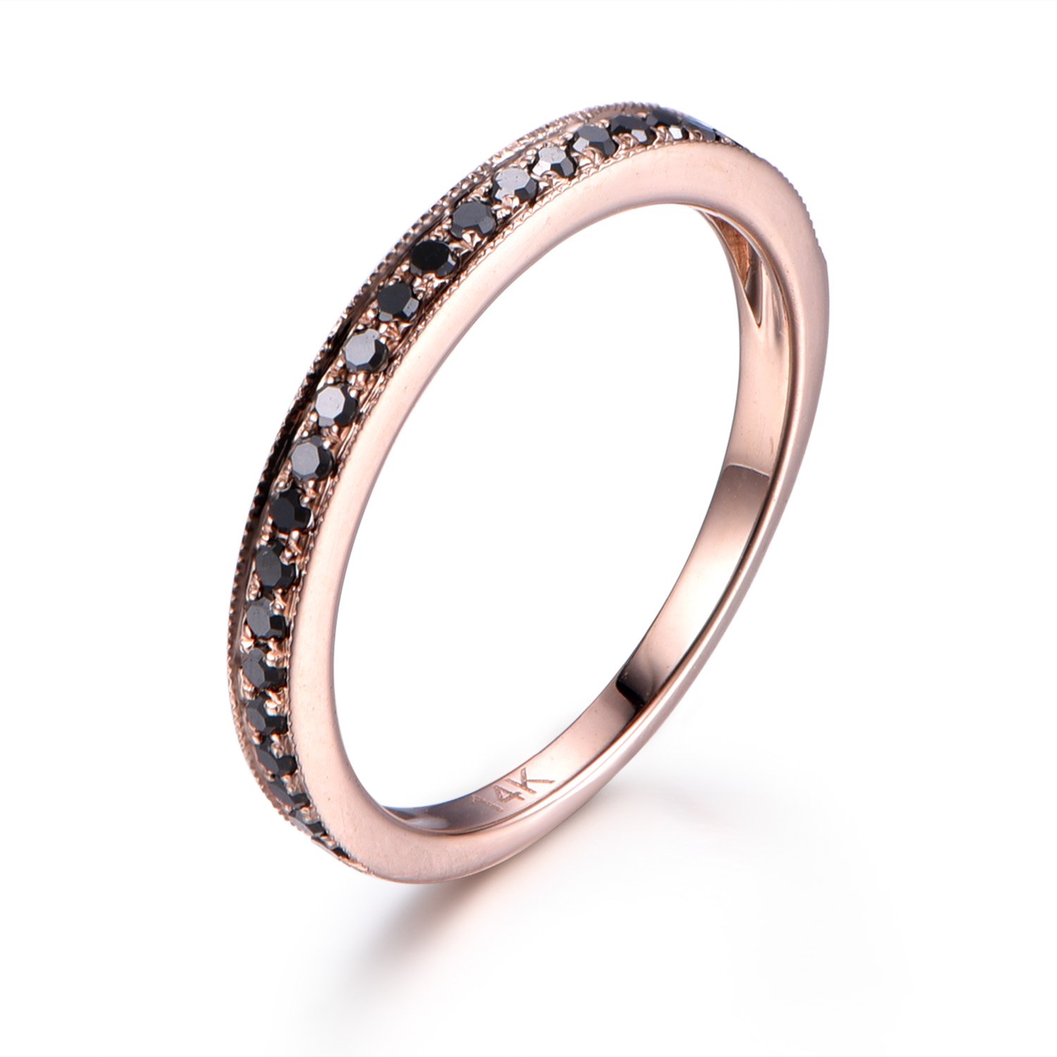 14K Rose Gold Black Diamond Wedding Band for Women - Half Eternity Ring with Milgrain Detailing | Elegant Bridal Jewelry & Anniversary Gift