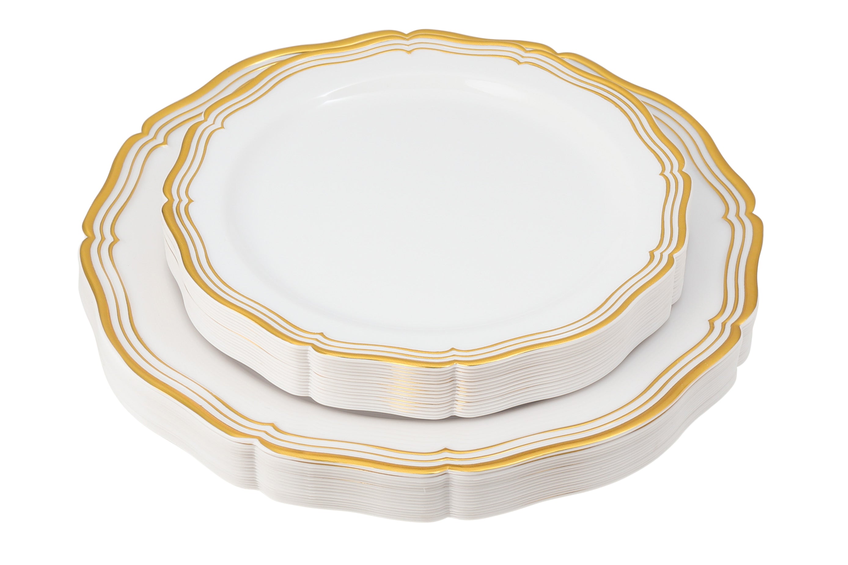 32-Piece White and Gold Round Plastic Dinnerware Set - 16 Servings Combo Pack by Aristocrat - Perfect for Parties, Picnics, and Outdoor Events
