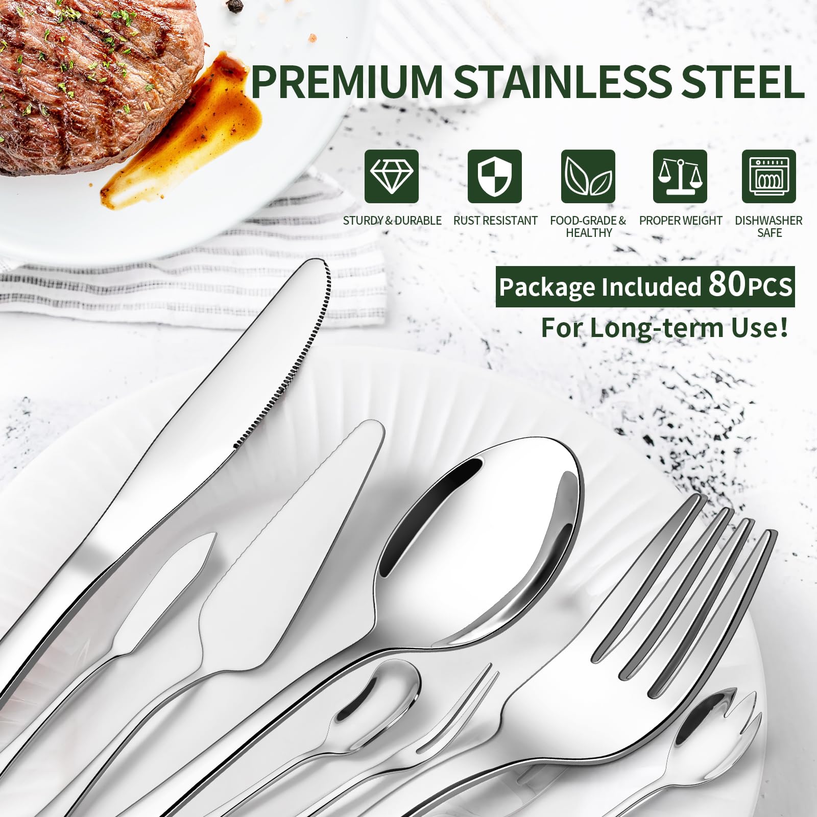 80-Piece Stainless Steel Flatware Set for 12 with Steak Knives & Serving Utensils - CEKEE Heavy Duty Cutlery Set for Home & Restaurant Use - Dishwasher Safe Silverware - Perfect for Dinner Parties, Weddings & Daily Dining
