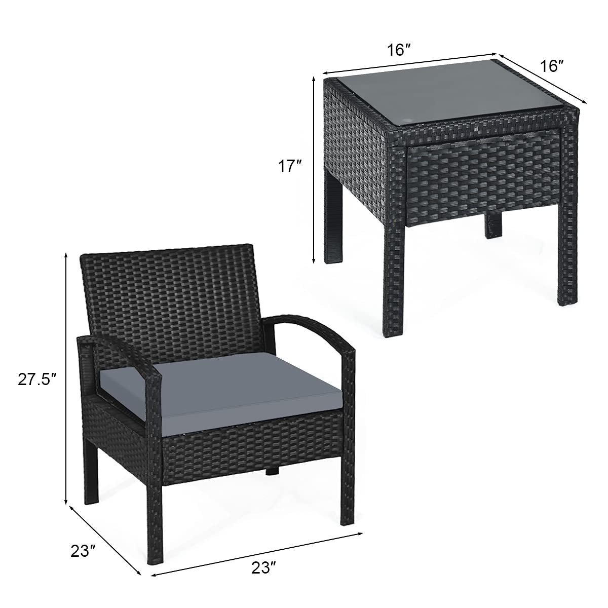3-Piece Outdoor Patio Furniture Set - Rattan Wicker Conversation Chairs with Beige Cushions & Tempered Glass Coffee Table - Perfect for Backyard, Porch, Poolside, Garden, and Patio - Gray Weather-Resistant Set
