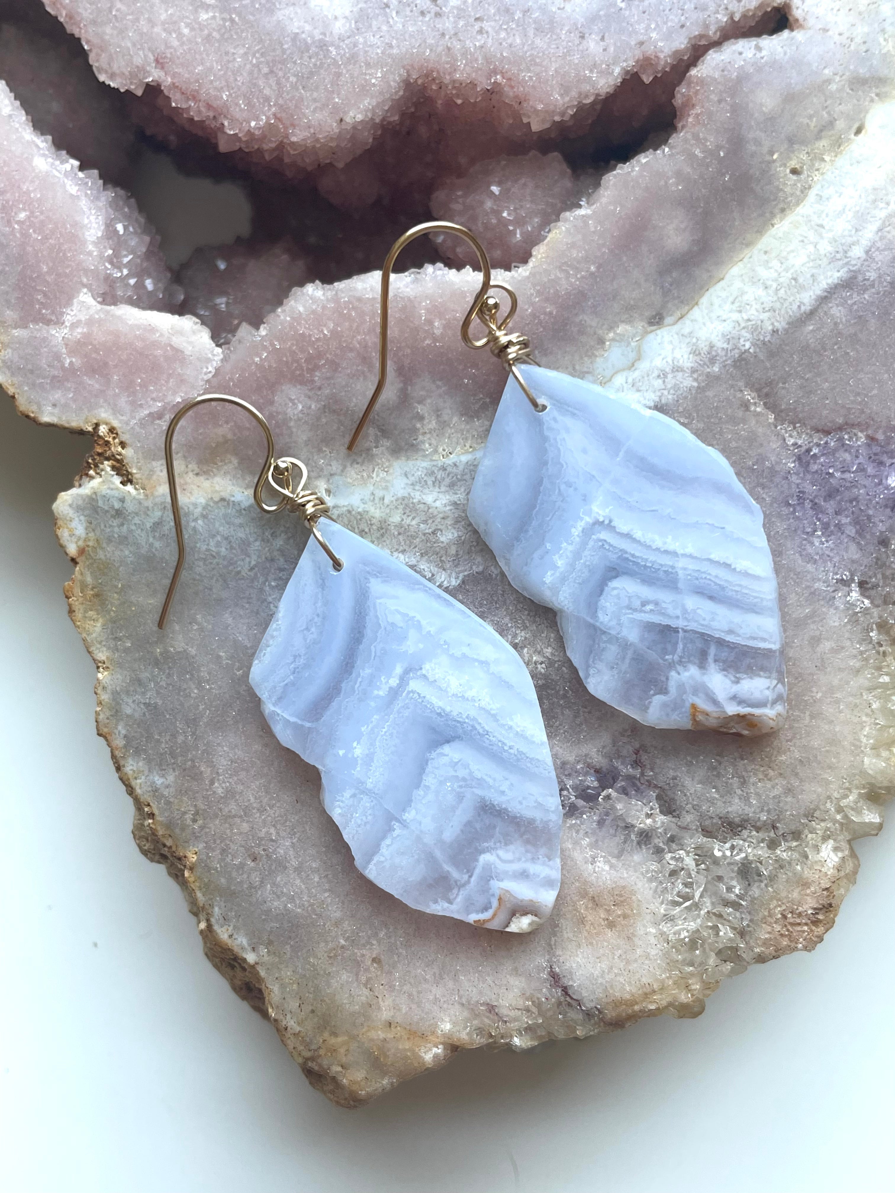 Large Blue Lace Agate Gold Filled Statement Crystal Gemstone Earrings for Women | Elegant Dangle Drop Earrings for Party, Wedding & Special Occasions
