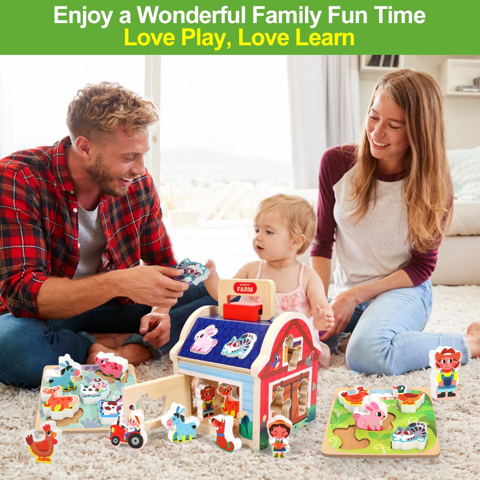 Montessori Wooden Farm Animal Toys for Toddlers 1-3 Years Old - Educational Sorting Barn Toy with Blocks & Puzzles, Baby Shape Sorter Learning Activity - Perfect Christmas Birthday Gift for Boys & Girls | Farm-Themed Early Learning, Preschool Classroom, Daycare, Homeschooling & Sensory Play