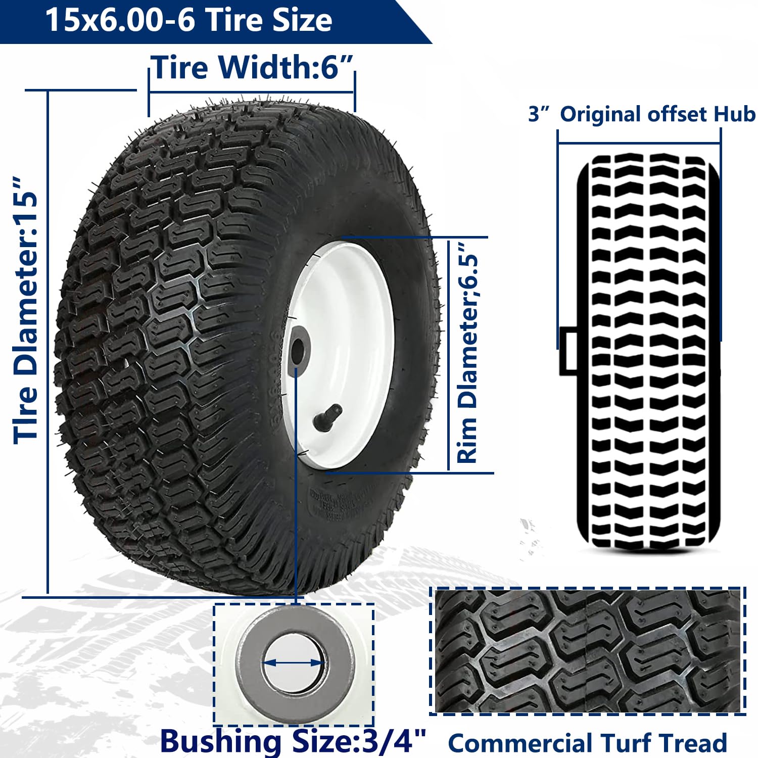 2 PCS 15x6.00-6 Lawn Mower Tires with Rim - 4 Ply Tubeless, 570lbs Capacity, 3